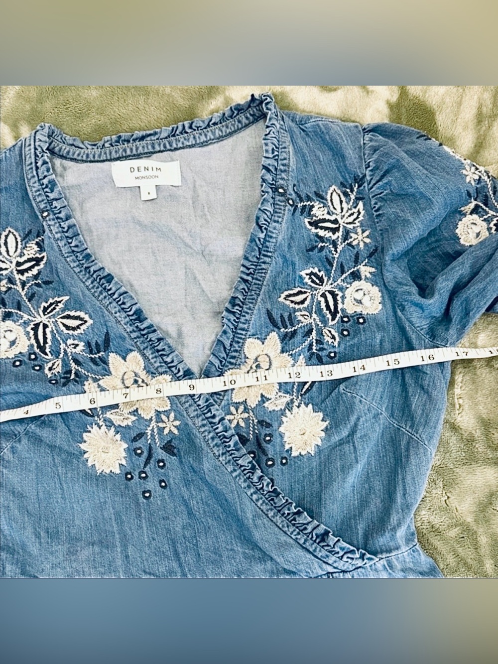 Monsoon Blue Denim Embroidered Tiered Midi Dress Size 8 - Picture 8 of 11